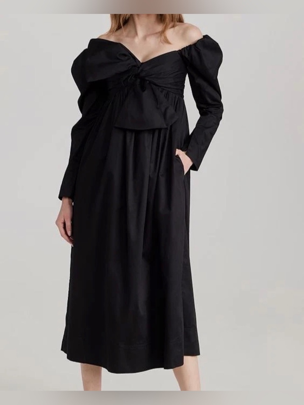 Aje Valentina Bow Off Shoulder Midi Dress Black NWT Size US 6